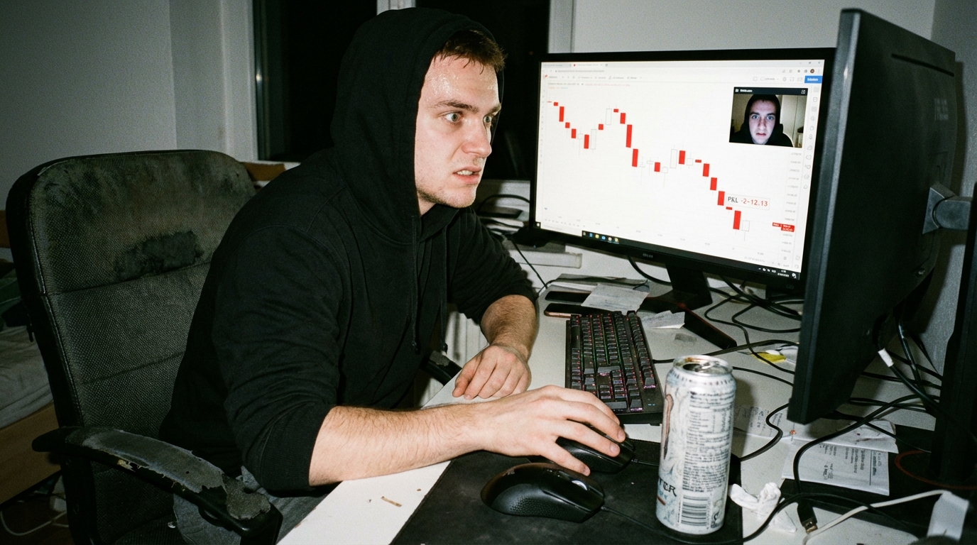 Trader staring at screen with hand on mouse